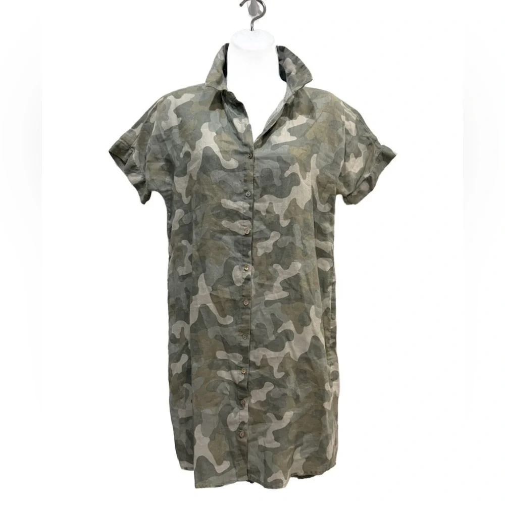 C&C California 100% Linen Green Camouflage Button Down Dress. XS